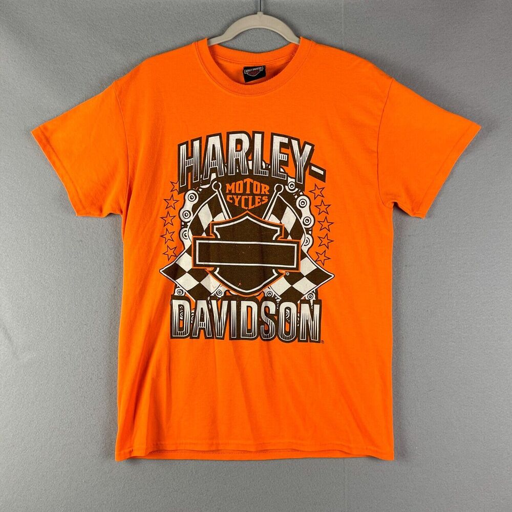 Harley Davidson T Shirt Womens Medium Orange Maverick Dallas Texas Tee Biker